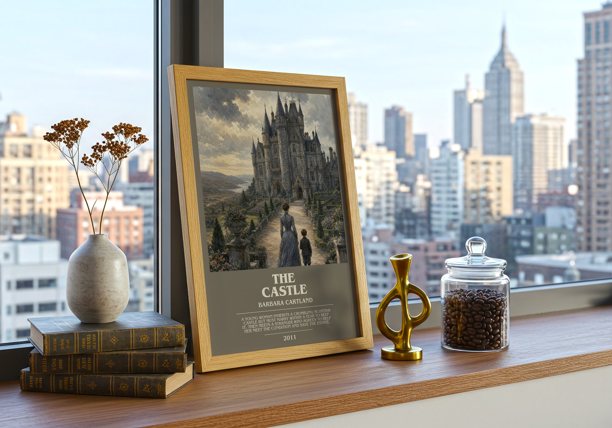 The Castle bookish print framed by window – literary home decor