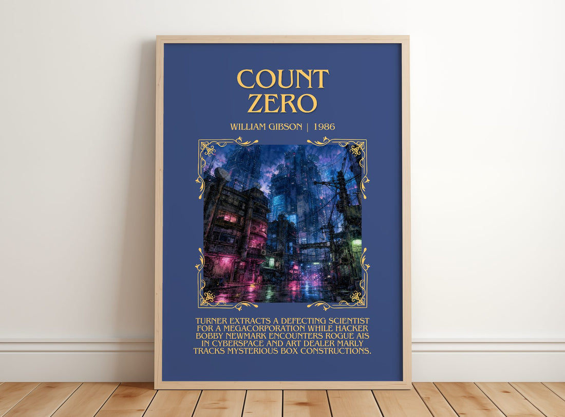 Count Zero Minimalist Book Poster by William Gibson – framed print leaning on a wooden floor