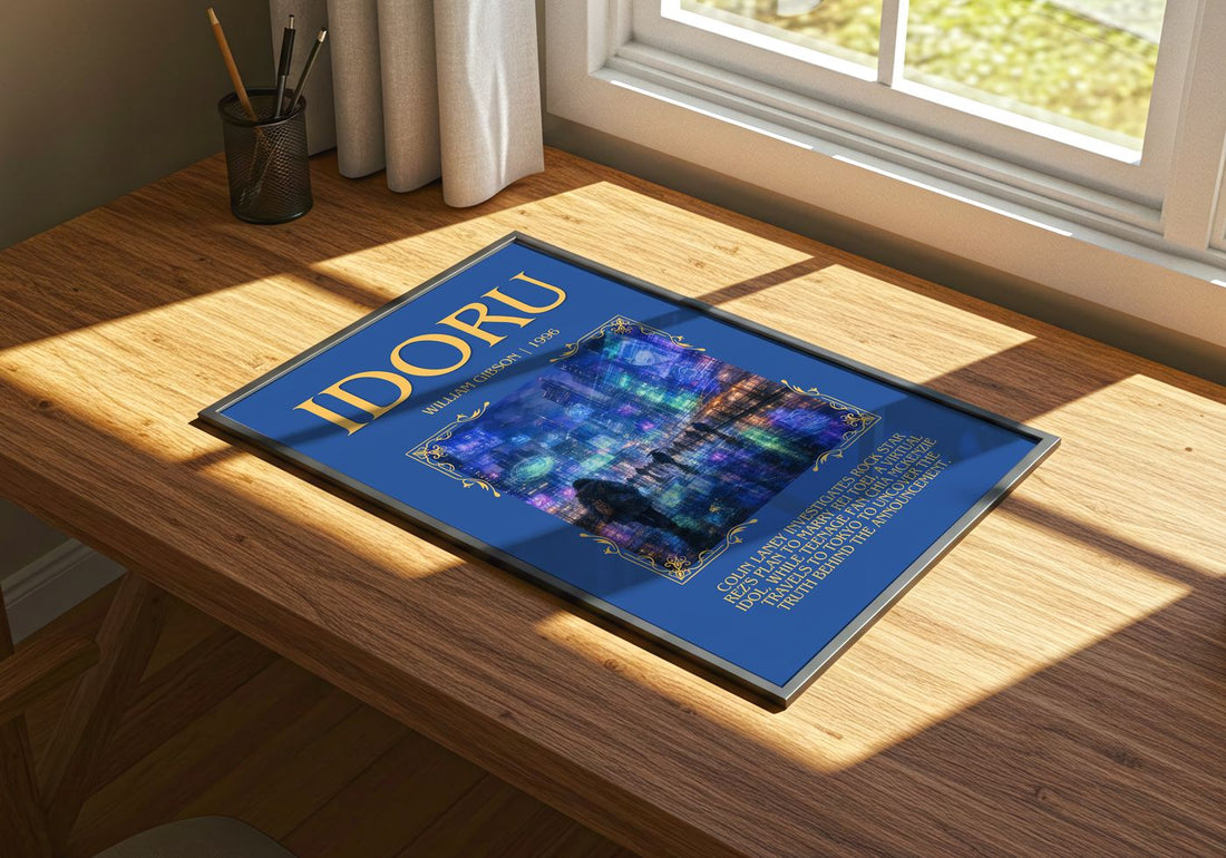 Idoru Minimalist Book Poster by William Gibson – print on a sunlit desk