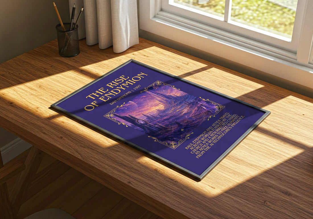 The Rise of Endymion Minimalist Book Poster by Dan Simmons – print on a sunlit desk