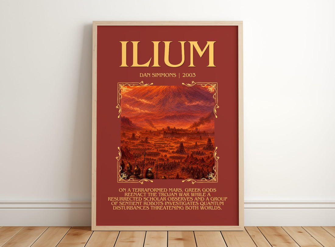 Ilium Minimalist Book Poster by Dan Simmons – framed print leaning on a wooden floor
