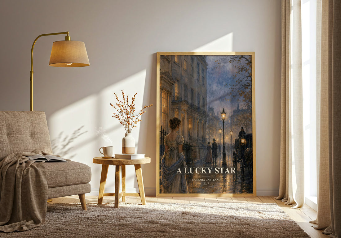 A Lucky Star watercolour print in frame leaning in hallway – romance wall art (mockup)