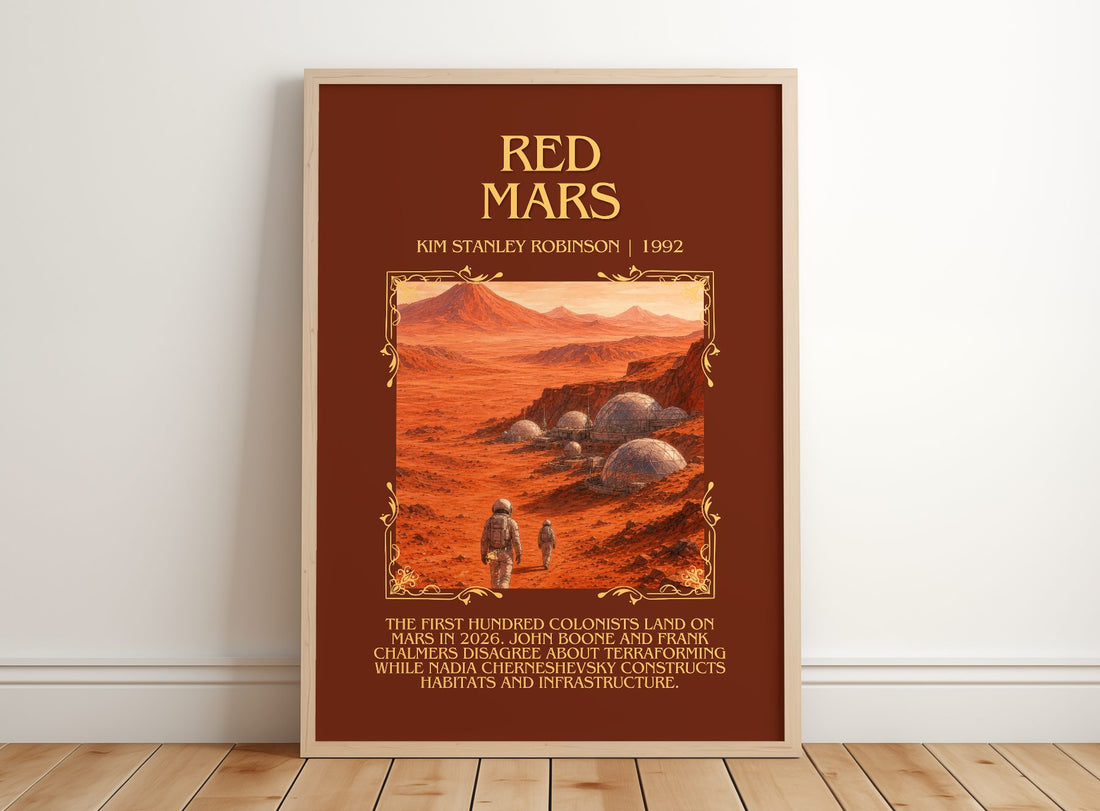 Red Mars Minimalist Book Poster by Kim Stanley Robinson – framed print leaning on a wooden floor