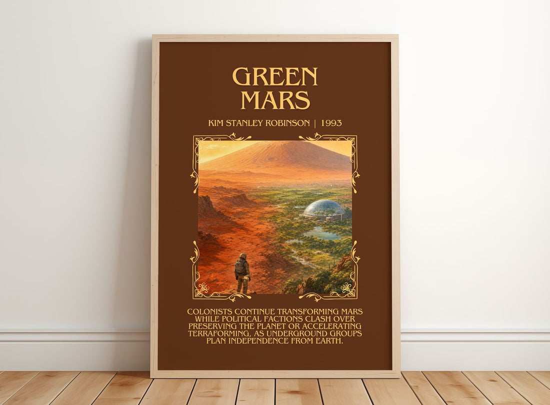 Green Mars Minimalist Book Poster by Kim Stanley Robinson – framed print leaning on a wooden floor