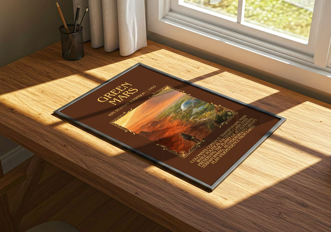 Green Mars Minimalist Book Poster by Kim Stanley Robinson – print on a sunlit desk