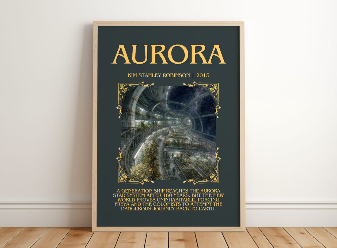 Aurora Minimalist Book Poster by Kim Stanley Robinson – framed print leaning on a wooden floor