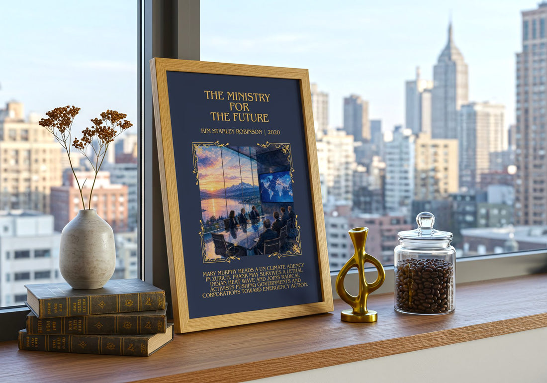 Ministry for the Future Minimalist Book Poster by Kim Stanley Robinson – framed print on a city-view windowsill
