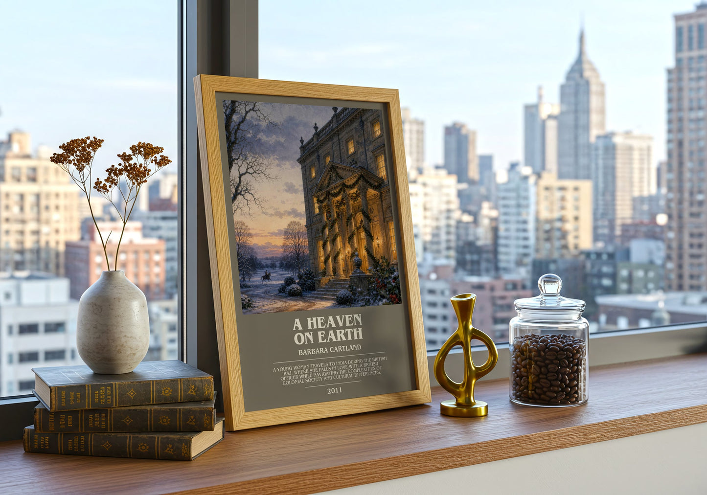 A Heaven On Earth bookish print framed by window – literary home decor