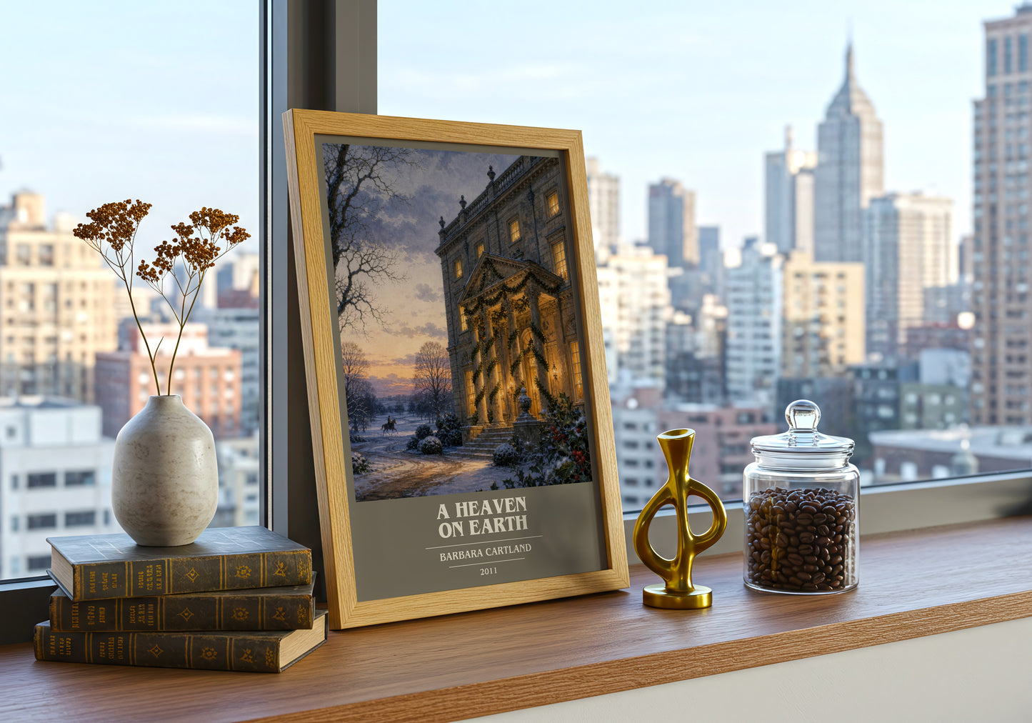 A Heaven On Earth book cover print framed by window – literary home decor