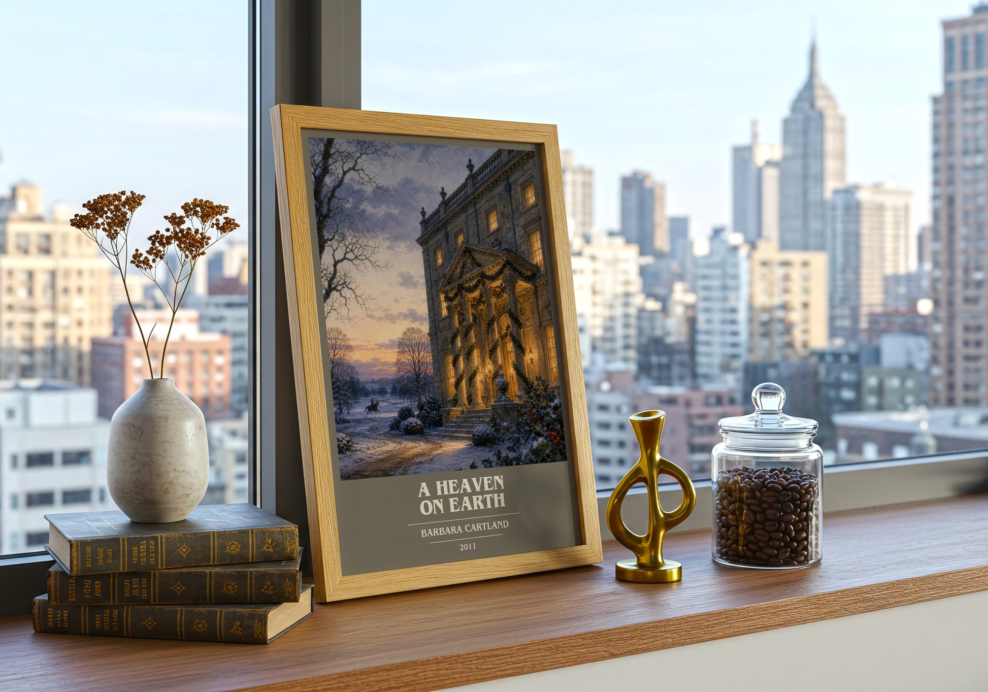 A Heaven On Earth book cover print framed by window – literary home decor