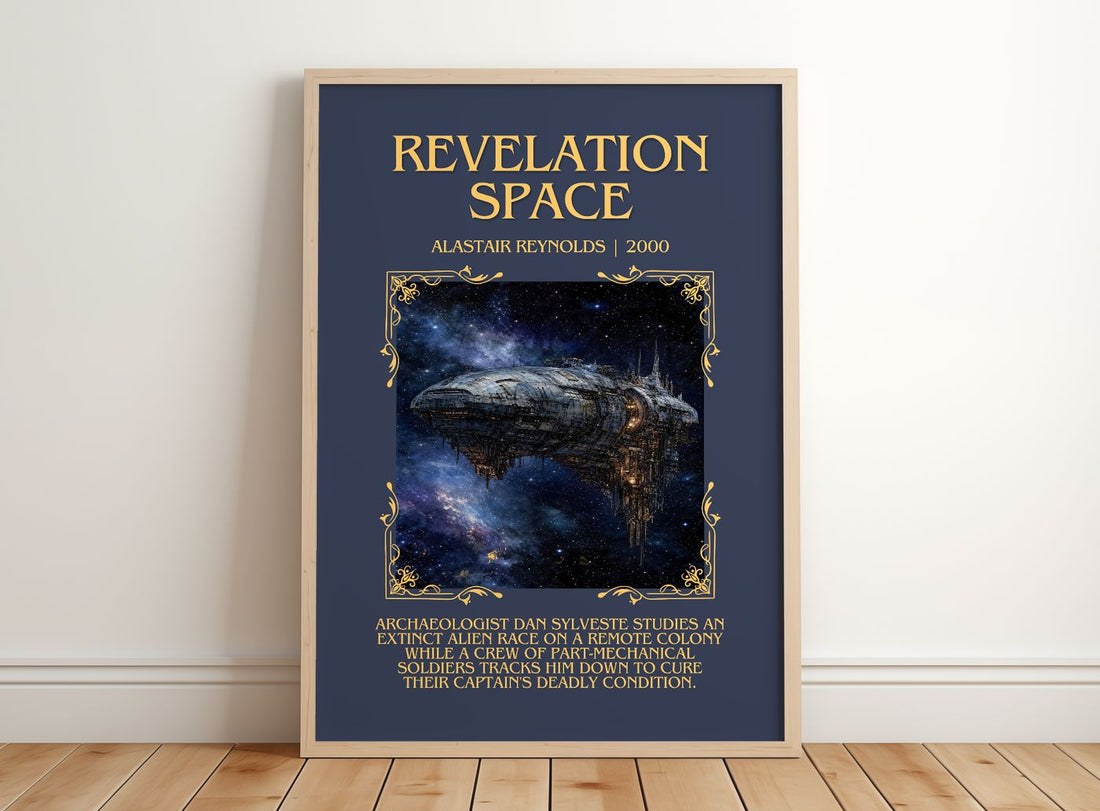 Revelation Space Minimalist Book Poster by Alastair Reynolds – framed print leaning on a wooden floor