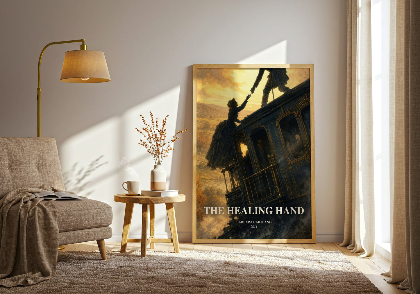 The Healing Hand watercolour print in frame leaning in hallway – romance wall art