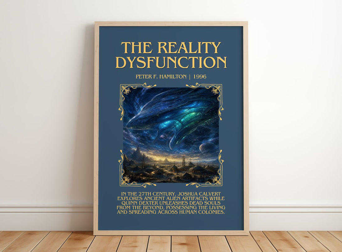 The Reality Dysfunction Minimalist Book Poster by Peter F. Hamilton – framed print leaning on a wooden floor