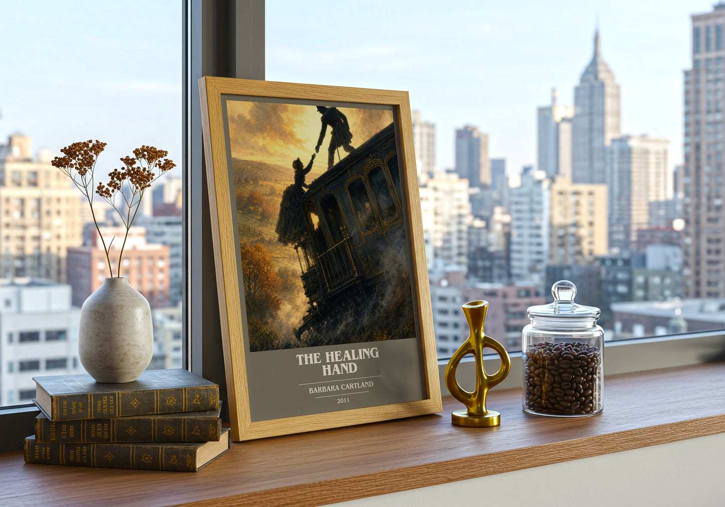 The Healing Hand book cover print framed by window – literary home decor