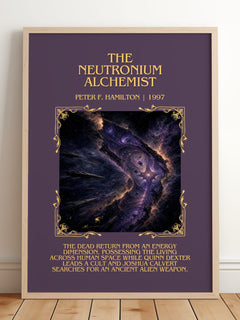 The Neutronium Alchemist Minimalist Book Poster by Peter F. Hamilton – framed print leaning on a wooden floor