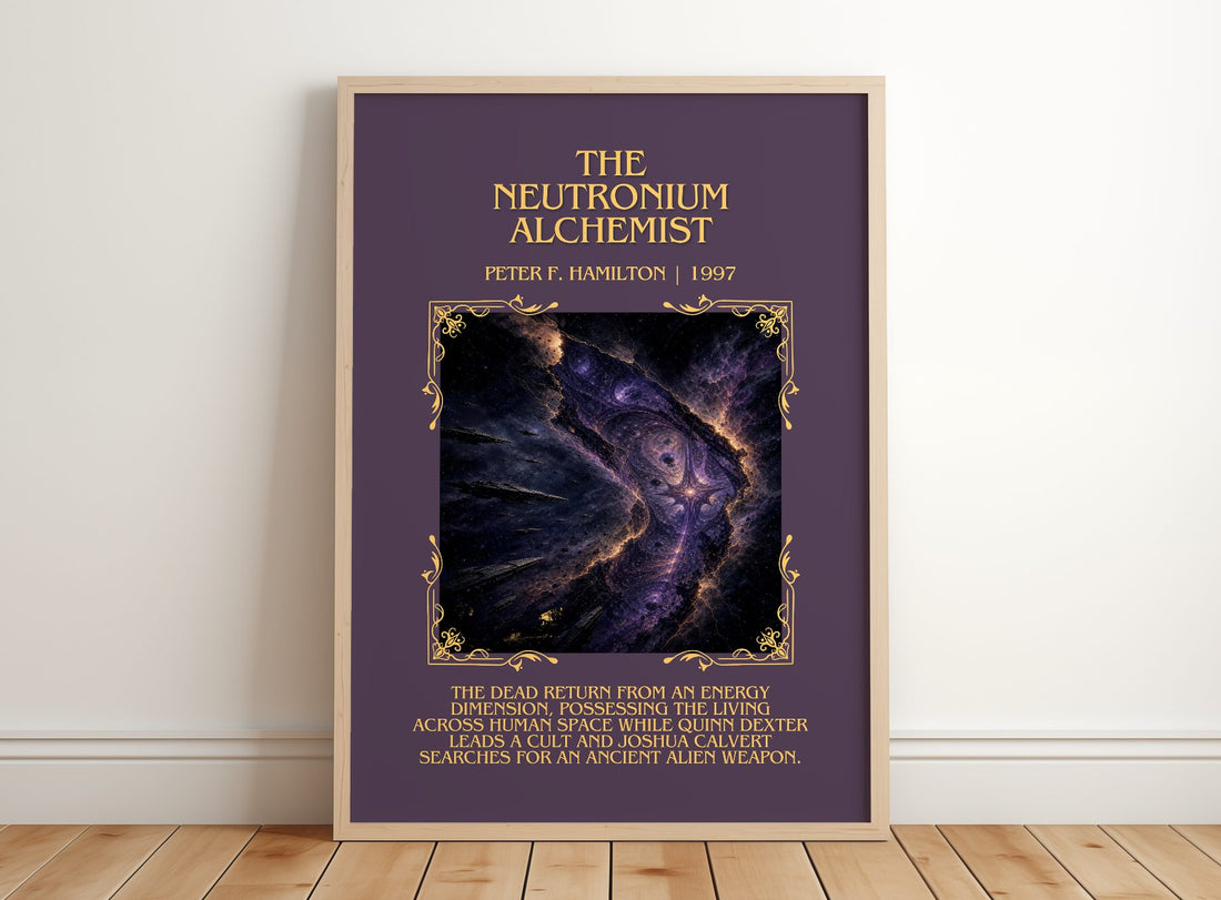 The Neutronium Alchemist Minimalist Book Poster by Peter F. Hamilton – framed print leaning on a wooden floor