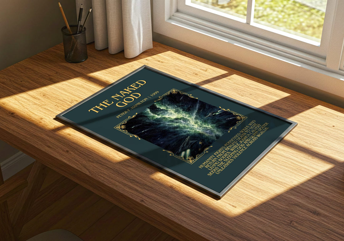 The Naked God Minimalist Book Poster by Peter F. Hamilton – print on a sunlit desk