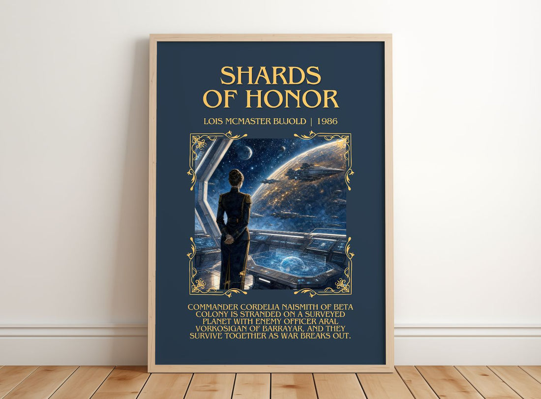 Shards of Honor Minimalist Book Poster by Lois McMaster Bujold – framed print leaning on a wooden floor