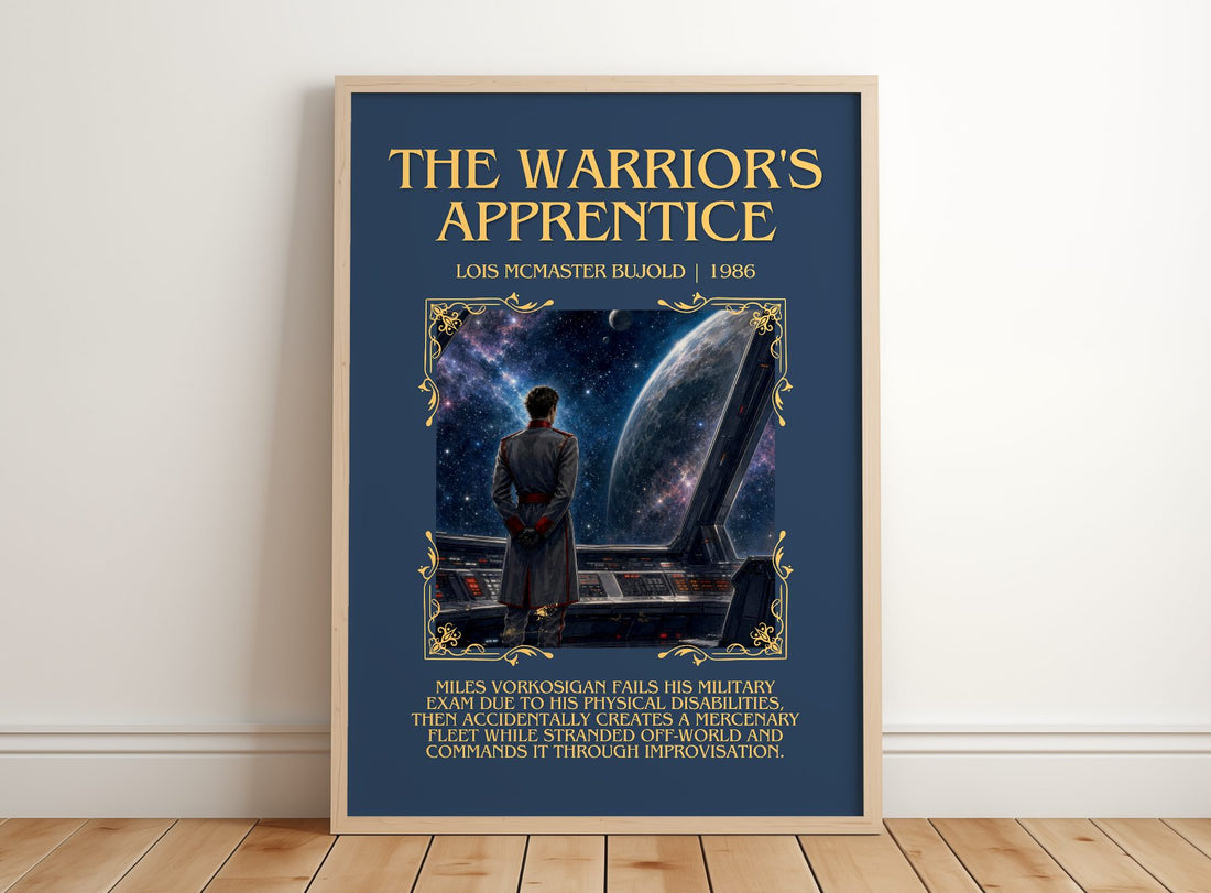 Warrior's Apprentice Minimalist Book Poster by Lois McMaster Bujold – framed print leaning on a wooden floor