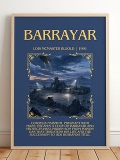 Barrayar Minimalist Book Poster by Lois McMaster Bujold – framed print leaning on a wooden floor