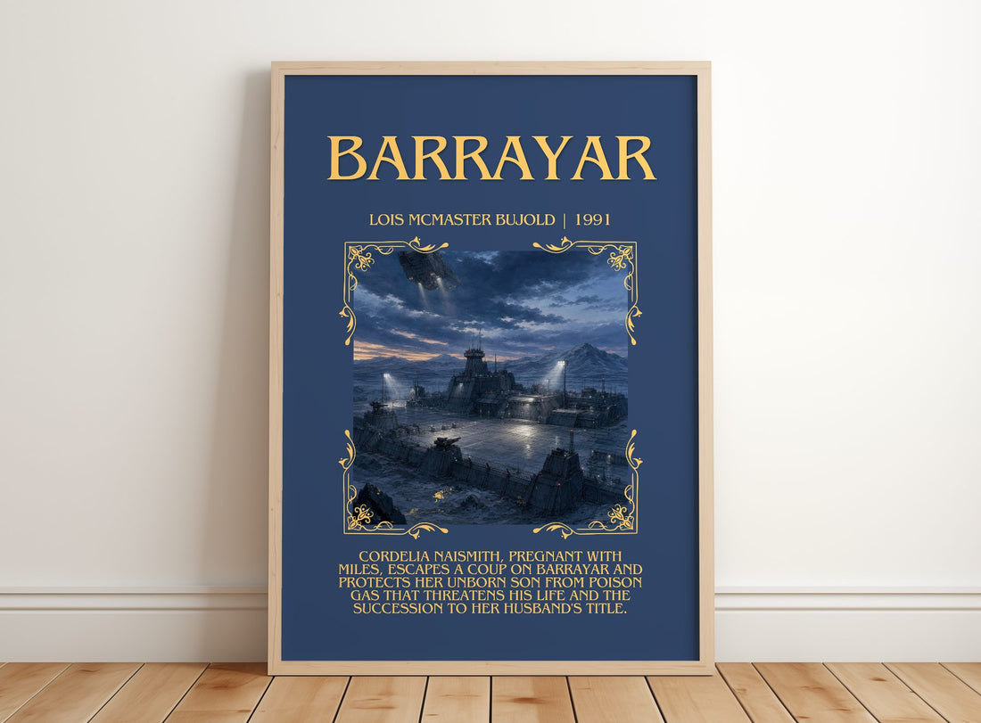 Barrayar Minimalist Book Poster by Lois McMaster Bujold – framed print leaning on a wooden floor