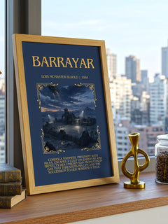 Barrayar Minimalist Book Poster by Lois McMaster Bujold – framed print on a city-view windowsill
