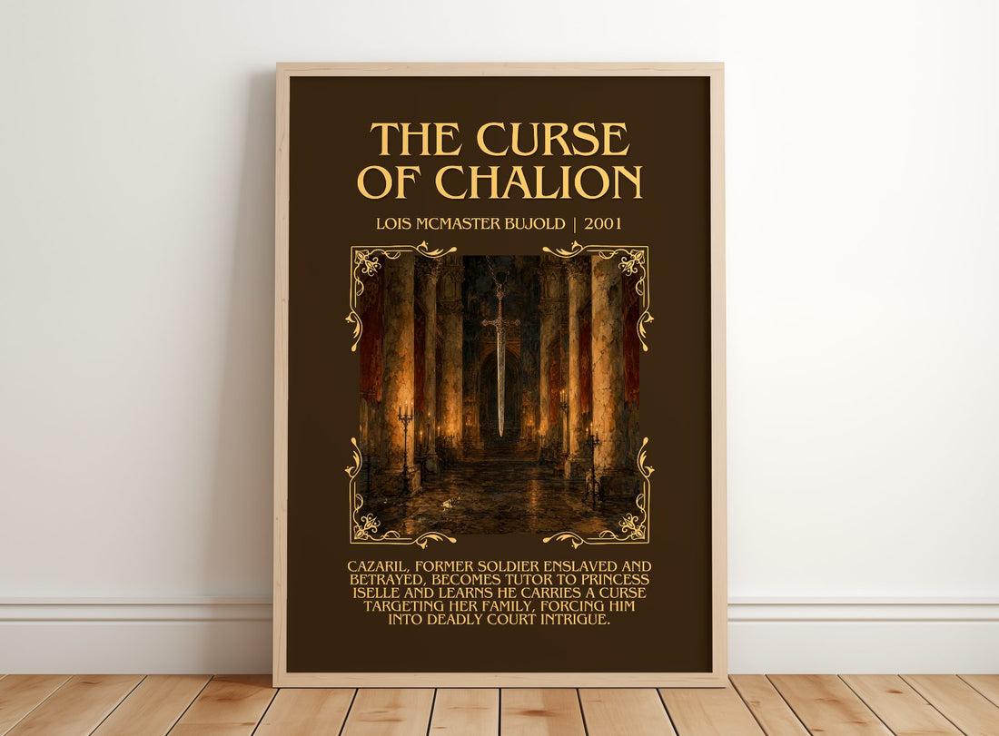The Curse of Chalion Minimalist Book Poster by Lois McMaster Bujold – framed print leaning on a wooden floor