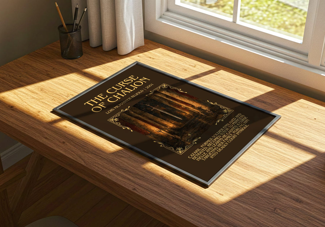 The Curse of Chalion Minimalist Book Poster by Lois McMaster Bujold – print on a sunlit desk