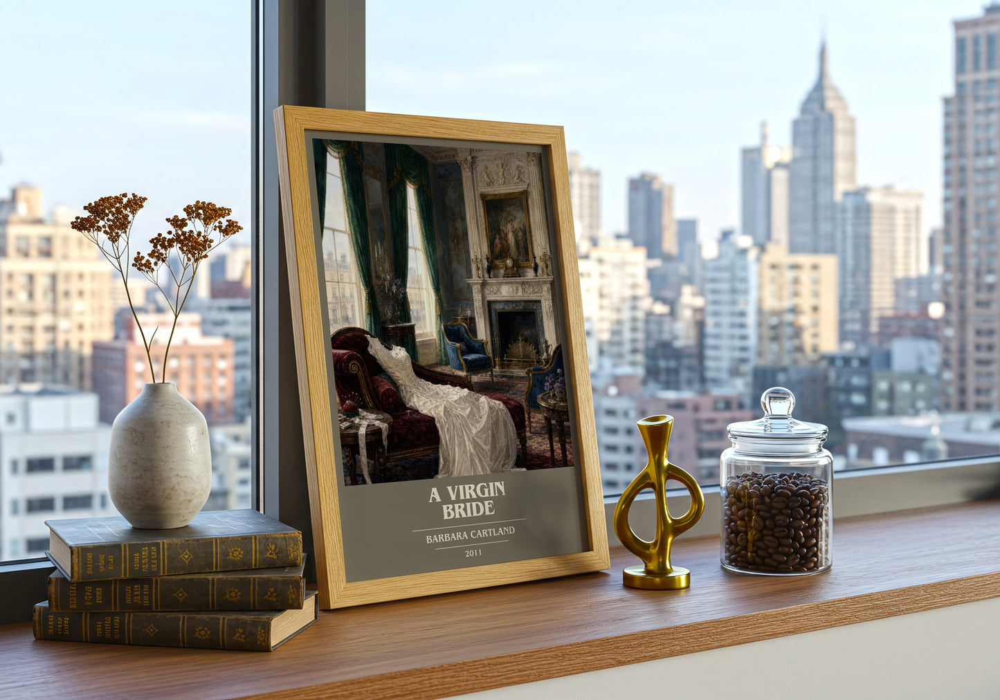 A Virgin Bride book cover print framed by window – literary home decor