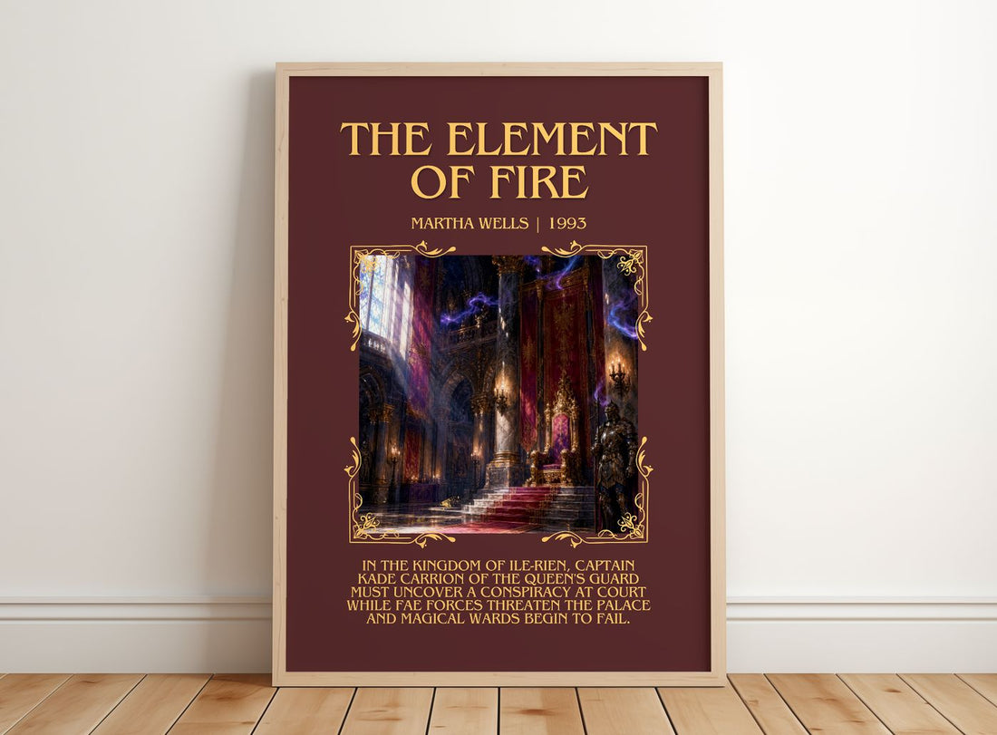 The Element of Fire Minimalist Book Poster by Martha Wells – framed print leaning on a wooden floor