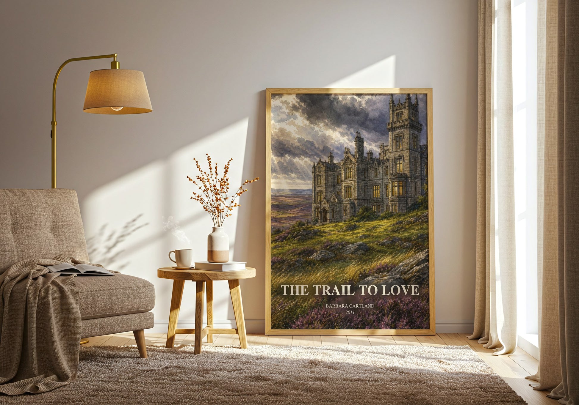 The Trail To Love watercolour print in frame leaning in hallway – romance wall art