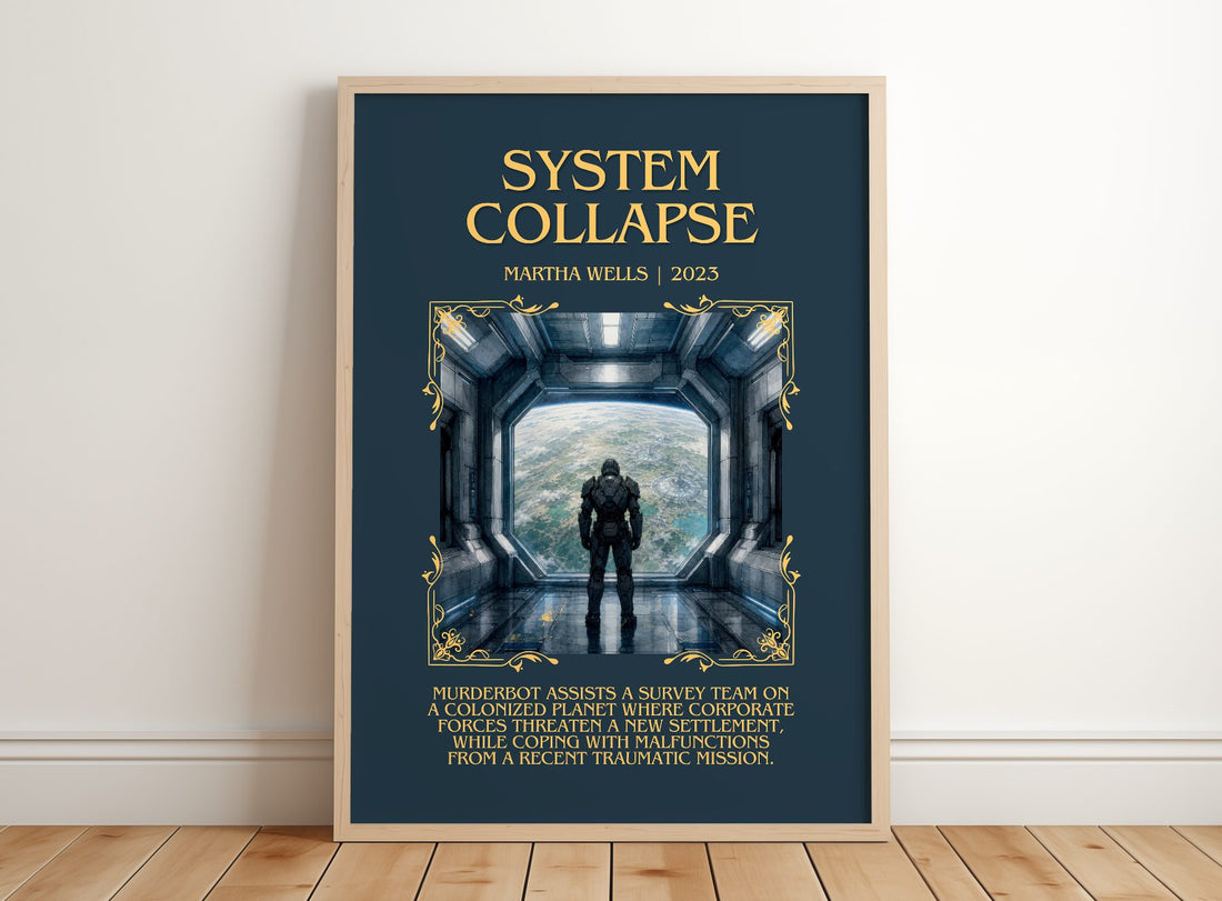System Collapse Minimalist Book Poster by Martha Wells – framed print leaning on a wooden floor