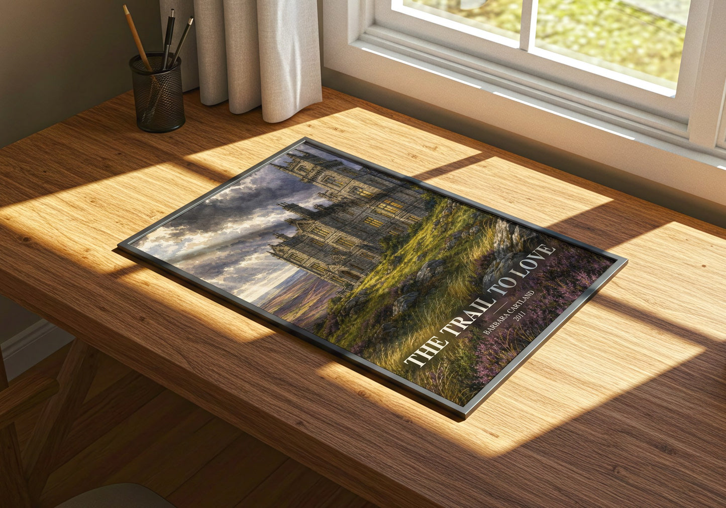 The Trail To Love watercolour book poster framed on wall – romance wall art