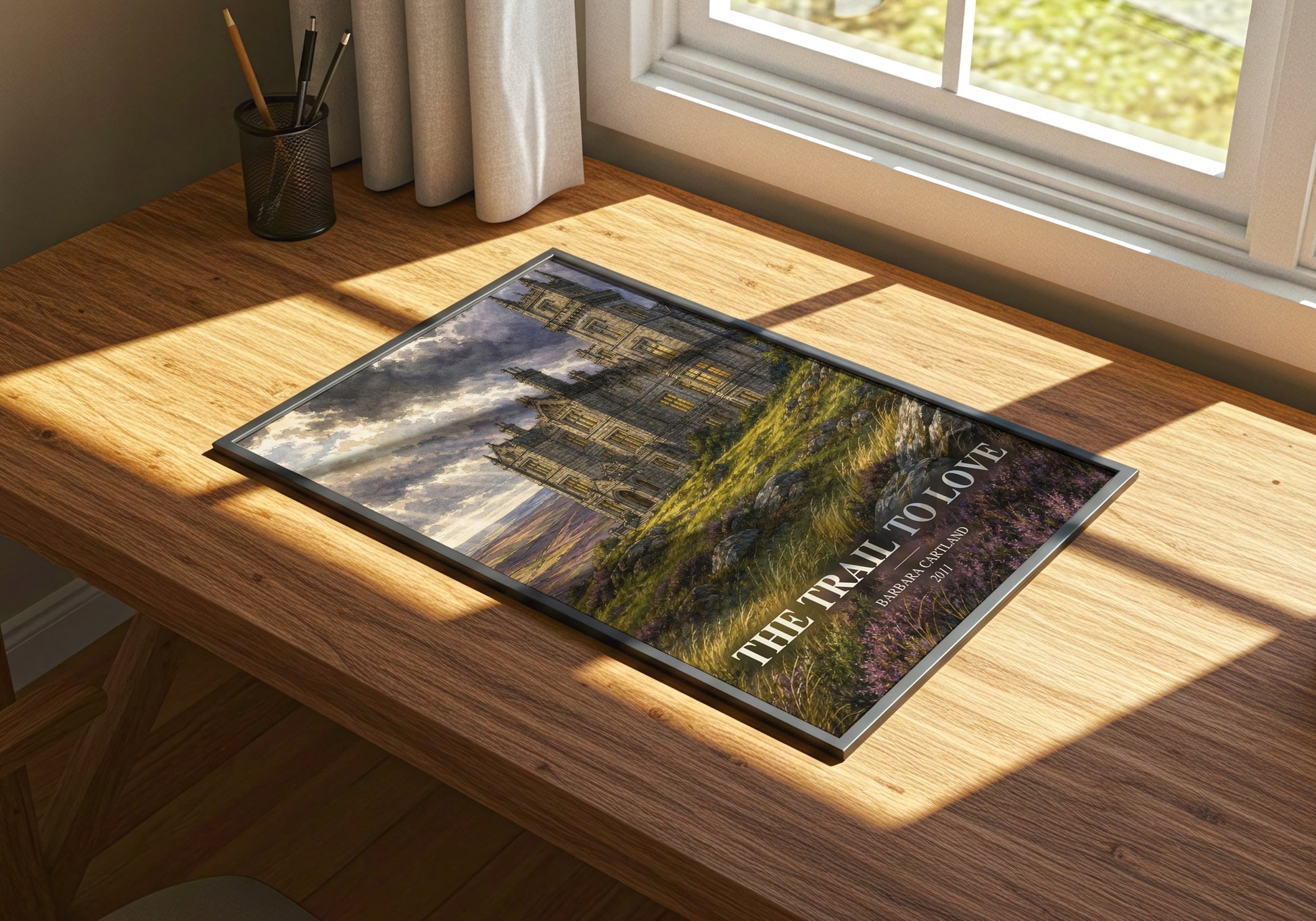 The Trail To Love watercolour book poster framed on wall – romance wall art