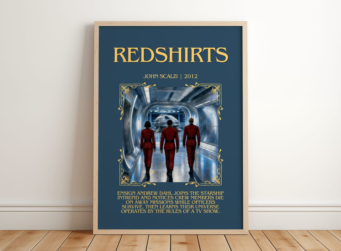 Redshirts Minimalist Book Poster by John Scalzi – framed print leaning on a wooden floor