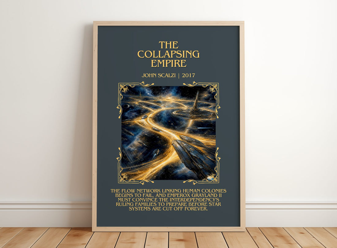 The Collapsing Empire Minimalist Book Poster by John Scalzi – framed print leaning on a wooden floor