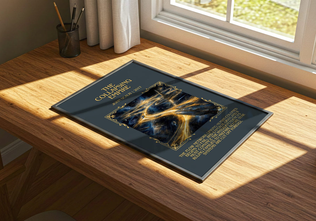 The Collapsing Empire Minimalist Book Poster by John Scalzi – print on a sunlit desk
