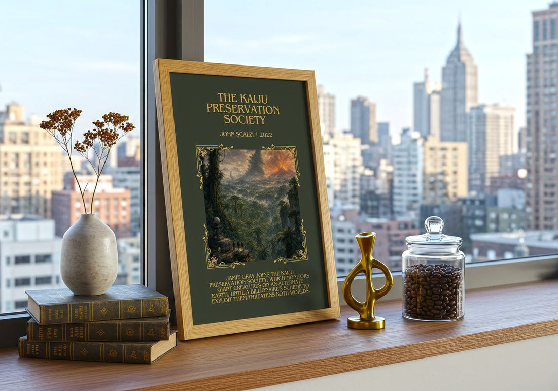 The Kaiju Preservation Society Minimalist Book Poster by John Scalzi – framed print on a city-view windowsill
