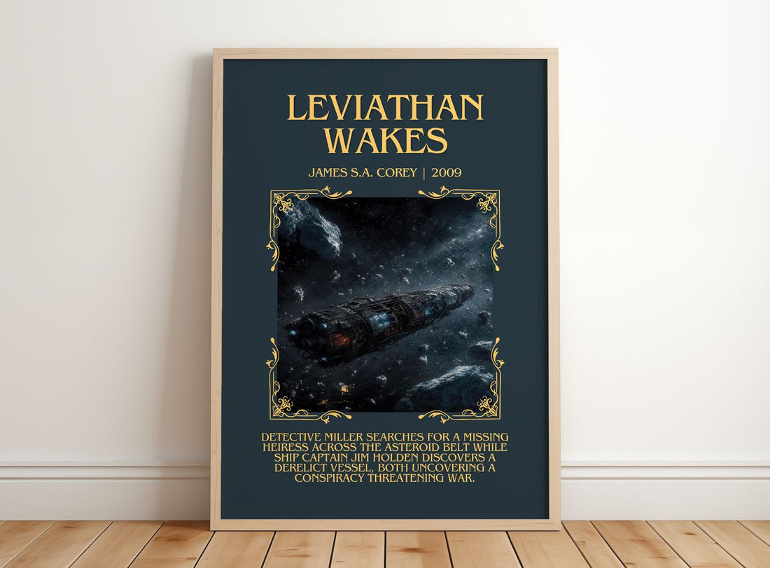 Leviathan Wakes Minimalist Book Poster by James S.A. Corey – framed print leaning on a wooden floor
