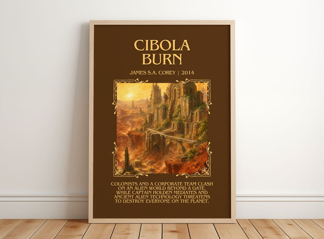 Cibola Burn Minimalist Book Poster by James S.A. Corey – framed print leaning on a wooden floor