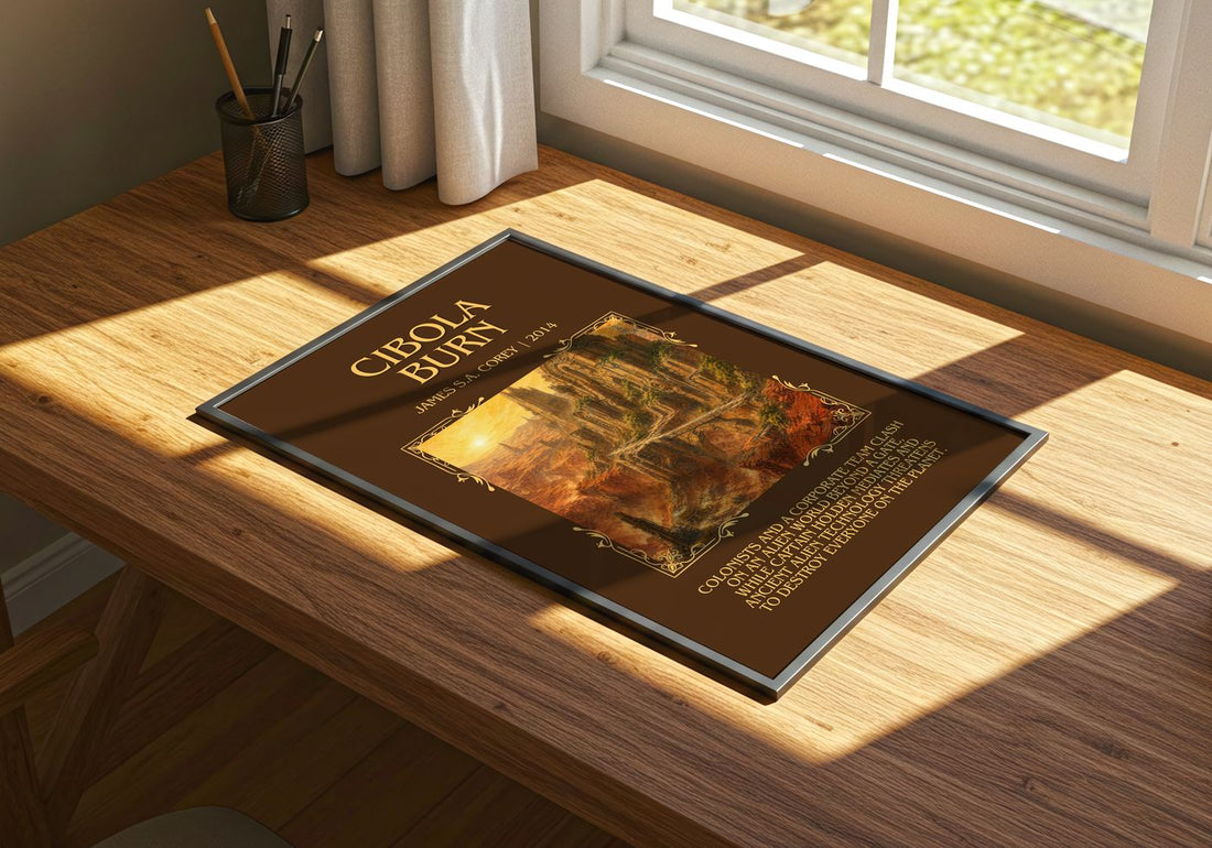 Cibola Burn Minimalist Book Poster by James S.A. Corey – print on a sunlit desk
