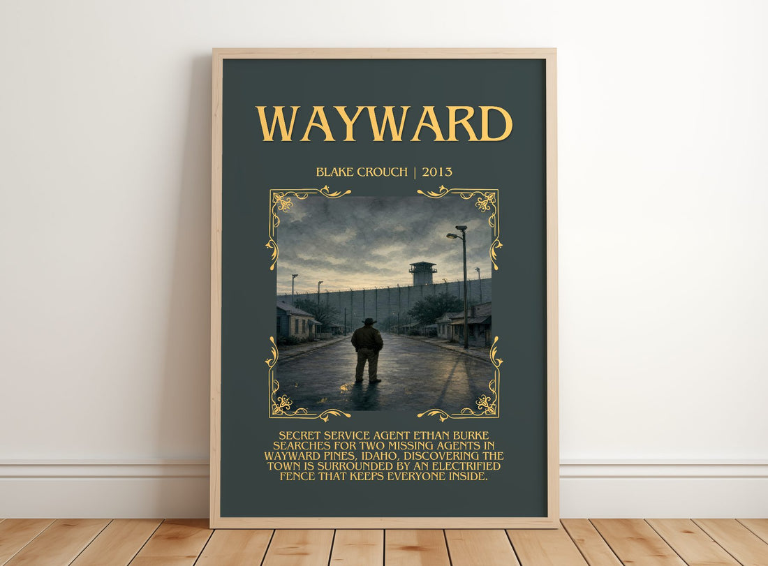 Wayward Minimalist Book Poster by Blake Crouch – framed print leaning on a wooden floor