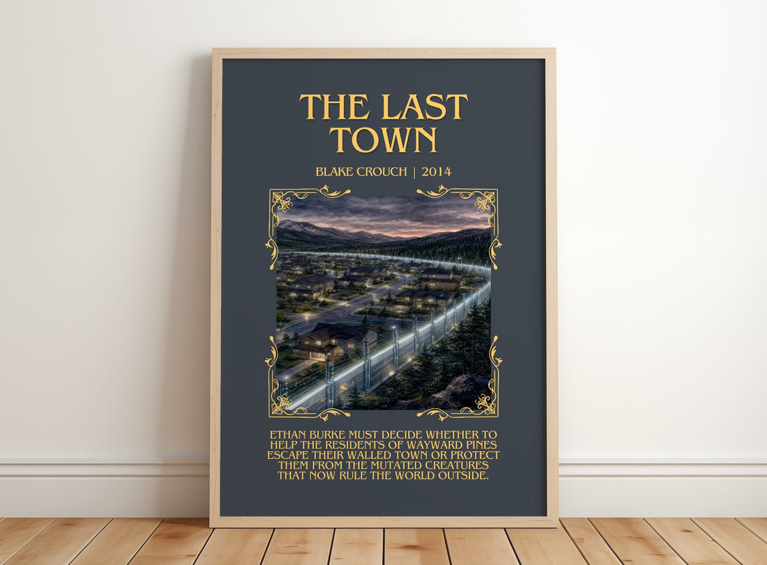 The Last Town Minimalist Book Poster by Blake Crouch – framed print leaning on a wooden floor