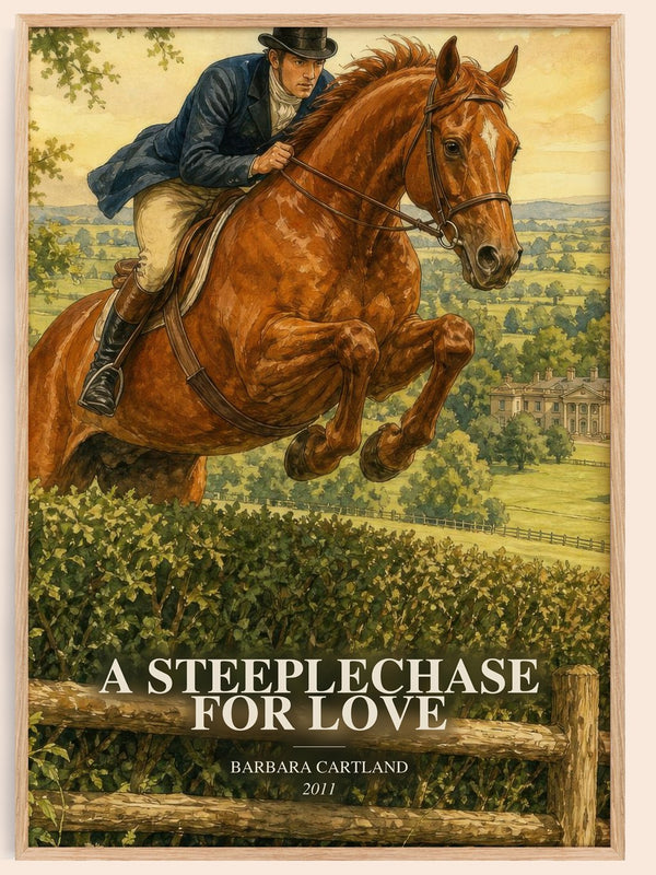 A Steeplechase For Love watercolour book poster by Barbara Cartland – framed literary art print