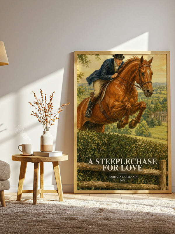 A Steeplechase For Love watercolour print in frame leaning in hallway – romance wall art