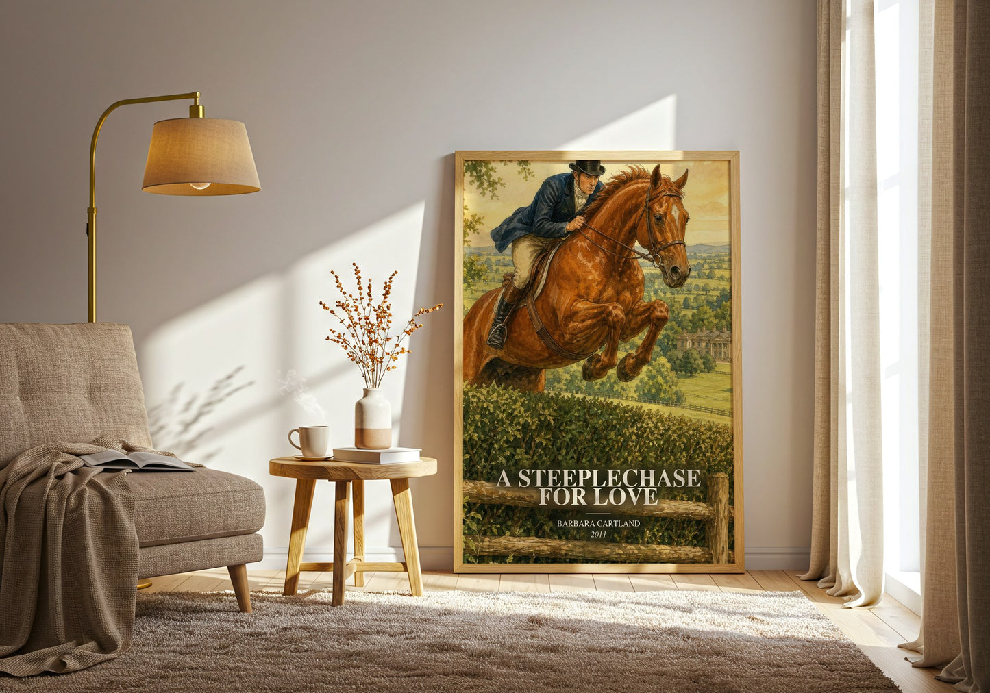 A Steeplechase For Love watercolour print in frame leaning in hallway – romance wall art