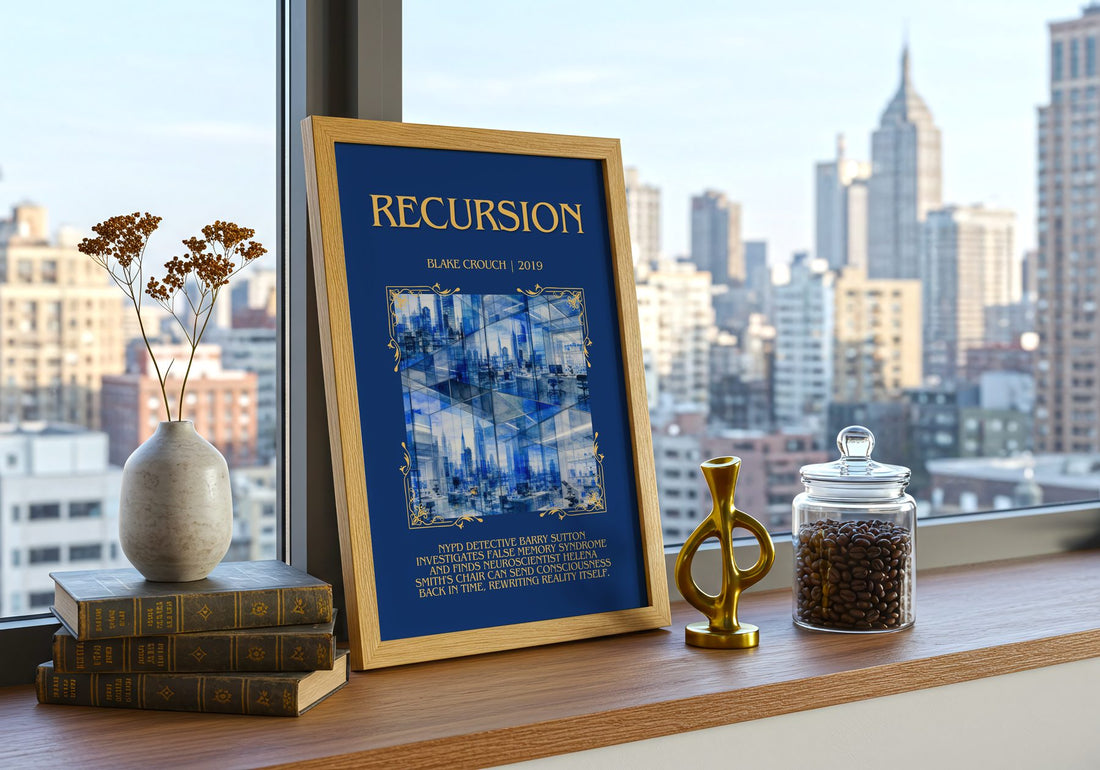 Recursion Minimalist Book Poster by Blake Crouch – framed print on a city-view windowsill