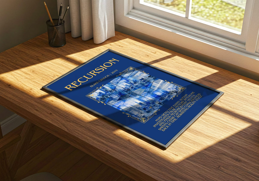 Recursion Minimalist Book Poster by Blake Crouch – print on a sunlit desk