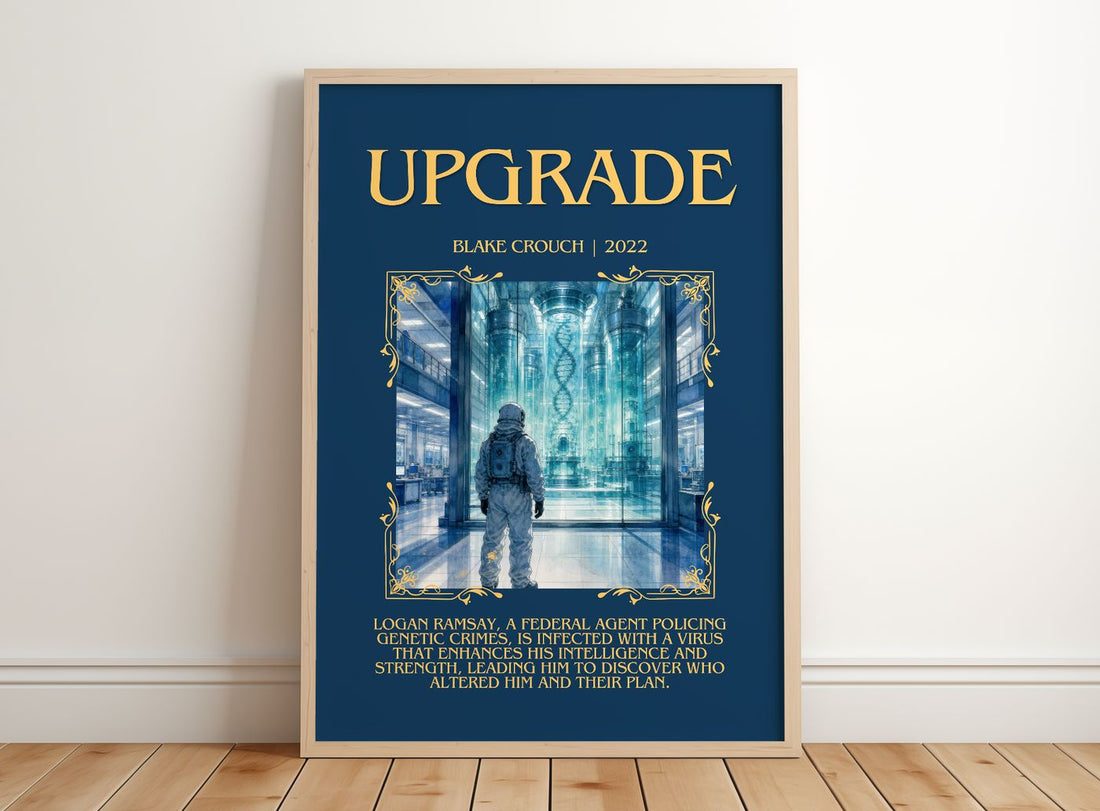 Upgrade Minimalist Book Poster by Blake Crouch – framed print leaning on a wooden floor