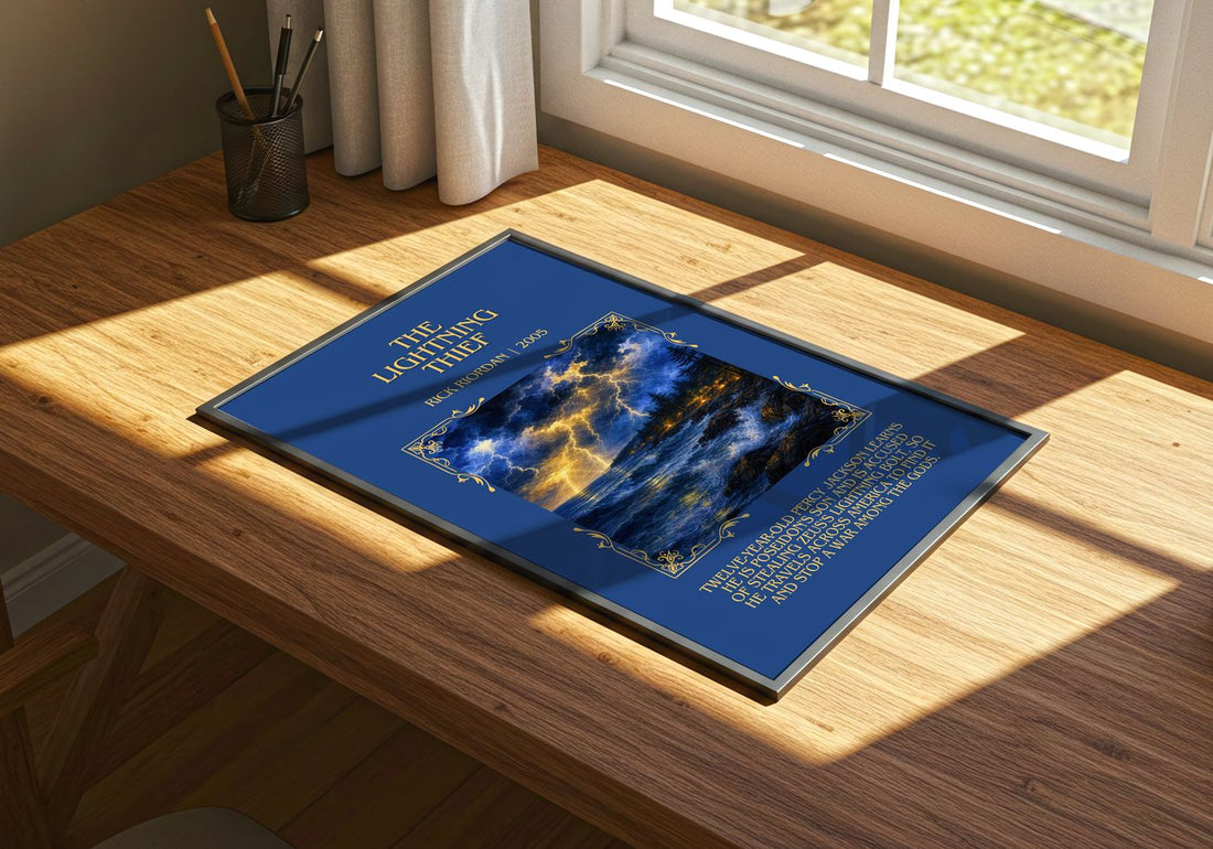 The Lightning Thief Minimalist Book Poster by Rick Riordan – print on a sunlit desk